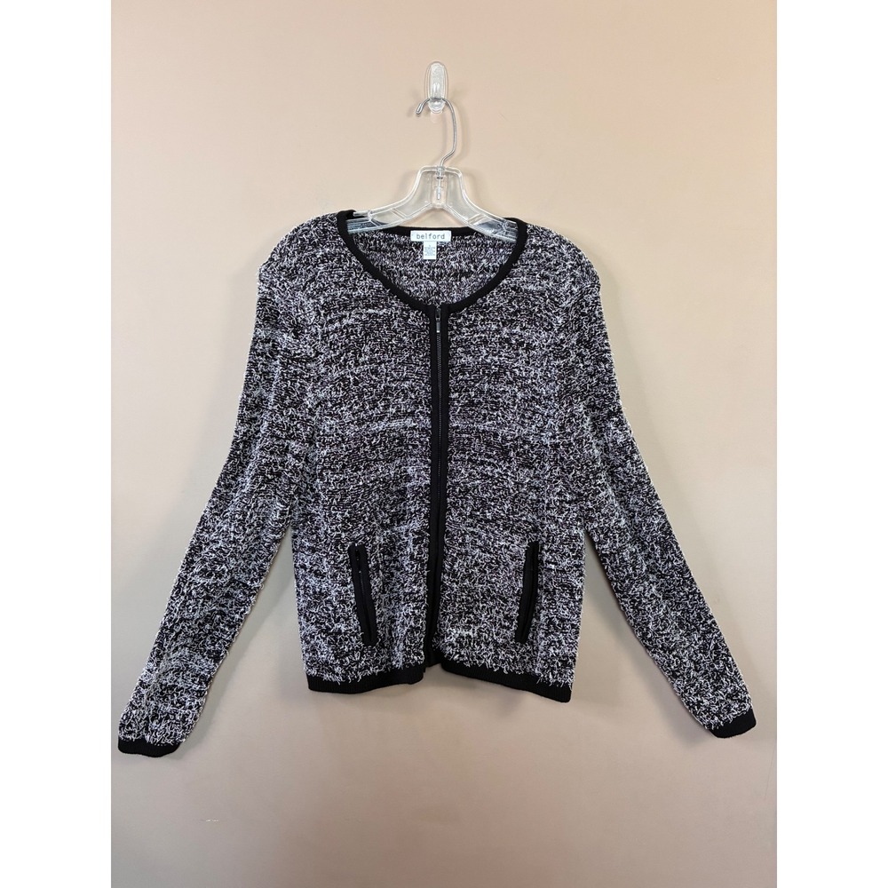 Belford Womens L Pima Cotton Marled Full Zip Cardigan Sweater Black White Pocket